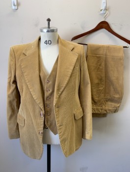 N/L, Caramel Brown, Cotton, Solid, Corduroy, Single Breasted, Wide Notched Lapel, 2 Buttons, 3 Pockets, Worn/Lightly Aged,