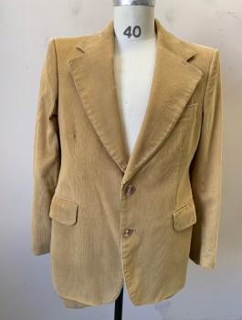 N/L, Caramel Brown, Cotton, Solid, Corduroy, Single Breasted, Wide Notched Lapel, 2 Buttons, 3 Pockets, Worn/Lightly Aged,