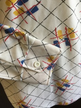 GRAND SLAM, Ecru, Red, Blue, Yellow, Black, Polyester, Diamonds, Novelty Pattern, TIC-TAC-TOE Print, Polo Style, Collar Attached, 3 Button Front, 1 Pocket, Long Sleeves,