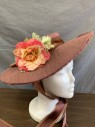 20TH CENTURY FOX, Mauve Pink, Brown, Cotton, Silk, Mauve Fabric Over Buckram Base, Brown Silk Ribbon Band with Dotted Edge, Pink and Green Silk Flowers, Flat Crown, Brown Ribbon Chin Straps, Made To Order Reproduction, **Ribbon is Fragile