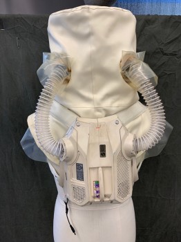 MTO, Cream, Clear, Rubber, Plastic, Cream Rubber Hood, Clear Face Shield, Rubber Air Hoses in Back, Fiberglass Breathing Apparatus Backpack, Cream Webbing Adjustable Straps, Attached Rubber Capelet with 2 Clear Under Capelets, Multiples