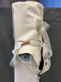 MTO, Cream, Clear, Rubber, Plastic, Cream Rubber Hood, Clear Face Shield, Rubber Air Hoses in Back, Fiberglass Breathing Apparatus Backpack, Cream Webbing Adjustable Straps, Attached Rubber Capelet with 2 Clear Under Capelets, Multiples