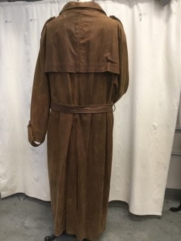 N/L, Caramel Brown, Leather, Solid, Nubuck Leather Duster, Collar Attached, Long Sleeves, Cuff Belts on Both Sleeves with No Buckles, Single Breasted, 7 Coconut Buttons, Shoulder Cape Detail, Epaulets, 2 Slash Pockets, Matching Belt with No Buckle, C/B Kick Pleat, Calf Length