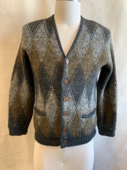 BRENTWOOD, Gray, Blue-Gray, Brown, Wool, Alpaca, Diamonds, Cardigan, 6 Buttons, 2 Pockets, Ribbed Knit Double Cuff, Ribbed Knit Waistband