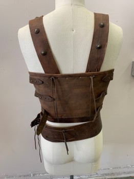 MTO, Brown, Silver, Gold, Fiberglass, Leather, Fish Scales, Mottled, Molded Plastic Iridescent Scales, 3 Adjustable Belted Leather Straps on Both Sides, Attached Leather Loin Cloth, Studded Shoulder Straps, Solid Leather Backside