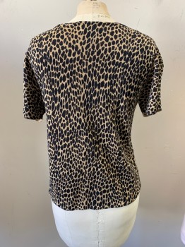 AUHUST SILK, Khaki Brown, Black, Silk, Animal Print, Leopard Print, Pullover, Round Neckline, Short Sleeves