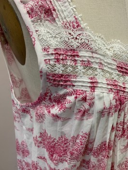 EILEEN WEST, White, Cranberry Red, Cotton, Novelty Pattern, Landscape of Peaceful Wetlands Toile Pattern, Sleeveless, Square Neck, White Lace Trim at Shoulders/Bust, 11 Button Placket, Knee Length, Ruffle at Hem