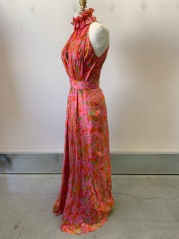 NO LABEL, Magenta Pink, Dk Orange, Lime Green, Red, Copper Metallic, Polyester, Abstract , Evening Dress, Halter with Keyhole, Ruffled Neckline, Pleated, Attached Waist Belt, Back Zipper, Made To Order,