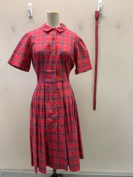 NO LABEL, Red, Magenta Purple, Camel Brown, Cotton, Polyester, Plaid, S/S, Button Front, Collar Attached, Pleated