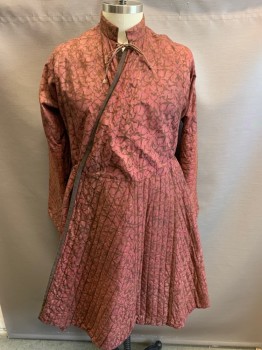 ATELIER CARACO CANEZ, Red Burgundy, Brown, Cotton, Floral, Wrap, Quilted Skirt and Sleeves, Tie at Waist and Neck, Lined in Dk Brown, Open Center Back for Horse Back Riding