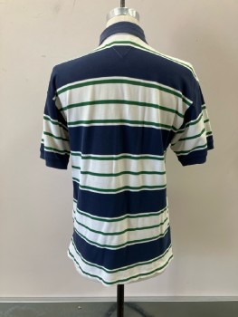TOMMY HILFIGER, Navy/Green/White Horizontal Stripe, 2 Btns, Shorter In Front, Slit Sides