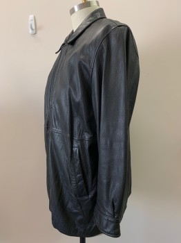 BOSTONIAN, Black, Leather, Solid, L/S, Zip Front With Snap Buttons, Collar Attached, Side Pockets