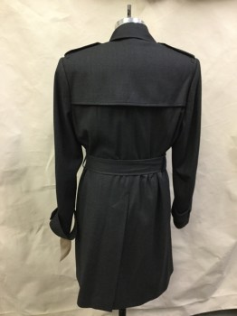 N/L, Charcoal Gray, Black, Wool, Birds Eye Weave, Double Breasted, Epaulets, Detached Back and Right Front Yoke, Belt Loops, Tie Belt, Cuffs with Loops and Button Belts, 2 Vertical Pocket,