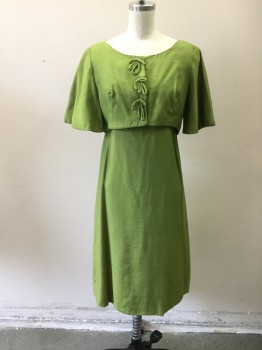 MTO, Chartreuse Green, Silk, Solid, Sleeveless Dress, Empire Waist, Faux 1/2 Button Front, Hem Below Knee, Zip Back, Piping Along Waist Seam