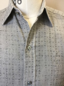 MTO , Heather Gray, Dk Gray, Linen, Abstract , Diamonds, Heather Light Gray with Dark Gray Abstract & Faint Double Lines Diamond Print, Collar Attached, Button Front, 1 Pocket, Long Sleeves,