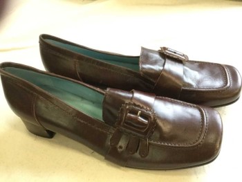 HENRY FERRERA , Brown, Leather, Solid, Loafers, Square Toe, Self Rectangular Buckle with Tab Details At Side Front, Chunky 2" High Heel,