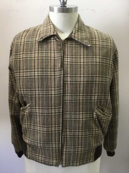 N/L, Tan Brown, Brown, Orange, Green, Wool, Plaid, Zip Front, Collar, Long Sleeves, 2 Pockets, Solid Brown Ribbed Knit 1/2 Waistband/Cuff, Reversible to Solid Brown