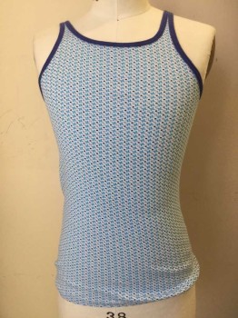 BAUMWOLLE, White, Blue, Black, Purple, Cotton, Novelty Pattern, White Background with Black Squares and Blue Extended Line Squares, Purple Ribbed Knit Scoop Neck/Armholes