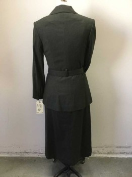 T SUMMERVILLE, Olive Green, Wool, Solid, Single Breasted, 3 Buttons,  Notched Lapel, 2 Flap Pocket, Belt Loops, Matching Belt, Traditional Fascist Military Matron