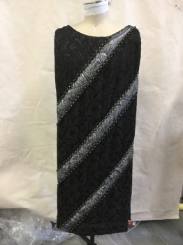 Black, Pewter Gray, Polyester, Metallic/Metal, Abstract , Stripes - Diagonal , Scoop Neck, Open Sides, Quilted, Jacquard, with Raised Chain Trimmed Diagonal Stripes, About 48" Long, Multiples,