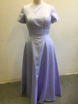 ALFRED ANGELO, Lavender Purple, Polyester, Solid, Crepe, Short Sleeves, Bateau/Boat Neck, Empire Waist, Princess Seams at Bust, Self Piping Trim at Waist, Low Square Back, Self Bow Ties at Center Back Waist, Floor Length Hem,