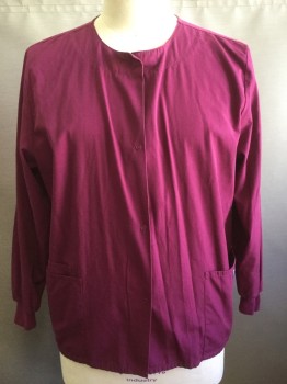CHEROKEE, Red Burgundy, Cotton, Solid, Crew Neck, Long Sleeves, Patch Pocket,  Snap Front, Jersey Cuffs