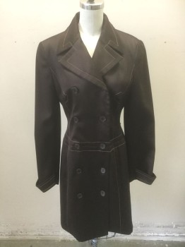 BCBG, Dk Brown, Lt Brown, Polyester, Solid, Coat, Satin with Light Brown Top Stitching, Double Breasted, Wide Notched Lapel, Accent Stitching at Waist, Cuffs and Bust Darts, Caramel Brown Lining, Knee Length,