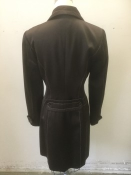 BCBG, Dk Brown, Lt Brown, Polyester, Solid, Coat, Satin with Light Brown Top Stitching, Double Breasted, Wide Notched Lapel, Accent Stitching at Waist, Cuffs and Bust Darts, Caramel Brown Lining, Knee Length,