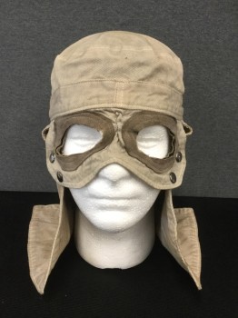 MTO, Tan Brown, Brown, Cotton, Suede, Cotton Cap with Suede Details, Eye Flap with Suede Trim Around Eyes, Snaps to Large Side Flaps, Suede Straps for Rolling Up Side Flaps, Aged