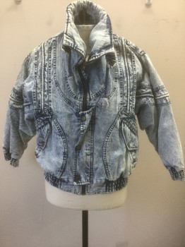 YOUNG LIFE CREATOR, Denim Blue, Lt Blue, Cotton, Acid Wash, Zip Front, Dolman Sleeves, Stand Collar, Elastic Waist/Cuffs, Various Self Seams/Panels/Piping, Colorful Loud Cartoon Pattern Lining, "Get Used" Patch at Center Back Shoulders,