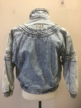 YOUNG LIFE CREATOR, Denim Blue, Lt Blue, Cotton, Acid Wash, Zip Front, Dolman Sleeves, Stand Collar, Elastic Waist/Cuffs, Various Self Seams/Panels/Piping, Colorful Loud Cartoon Pattern Lining, "Get Used" Patch at Center Back Shoulders,
