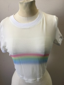 OUT FROM UNDER, White, Blue, Green, Yellow, Pink, Nylon, Stripes, Solid, Rainbow on Front, Crew Neck, Short Sleeves, Cropped