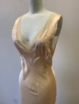 N/L MTO, Lt Pink, Ecru, Solid, Floral, Night Gown, Satin, Sleeveless, Ecru Lace at V-neck, Cream Floral Embroidery at Bust, Jagged Empire Waist, Smocked Detail at Bust, Self Ties, Floor Length, Made To Order Multiples