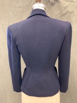 DUNNING'S, Midnight Blue, Wool, Solid, Twill, Single Breasted, Collar Attached, Peaked Lapel, Gathered at Rounded Yoke, 2 Pockets, Long Sleeves, Ceramic Brown Tubes with Brass Triangular Hooks Used for Buttons * Hole Beginning Back Shoulder Blade