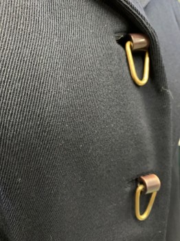 DUNNING'S, Midnight Blue, Wool, Solid, Twill, Single Breasted, Collar Attached, Peaked Lapel, Gathered at Rounded Yoke, 2 Pockets, Long Sleeves, Ceramic Brown Tubes with Brass Triangular Hooks Used for Buttons * Hole Beginning Back Shoulder Blade