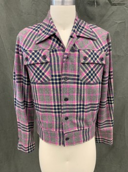 MTO, Purple, Gray, Navy Blue, Cream, Wool, Plaid, Button Front, Collar Attached, 2 Flap Patch Pockets, Waistband, Long Sleeves, Button Detail at Cuff