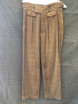 MTO, Brown, Lt Brown, Wool, Herringbone, Grid , Button Fly,  Tab 6 Button Waist, Buckle Tabs Side Waist, 2 Flap Faux Pockets Front, 2 Side Slit Pocket, Pleated, Cuffed, 2 Flap Back Pockets, Distressed (especially at Cuff)