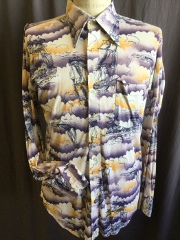 GOLD CREST BY DARBY, Off White, Beige, Peach Orange, Purple, Black, Polyester, Novelty Pattern, Ships Sailing in the Cloudy/stormy Sea, Collar Attached, Button Front, 1 Pocket, Long Sleeves, Curved Hem