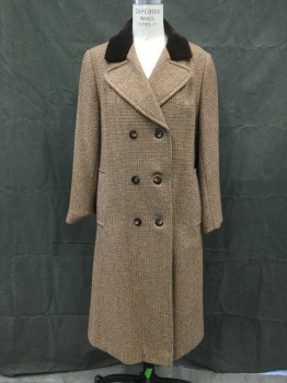 FORSTMANN, Tan Brown, Brown, Gray, Chocolate Brown, Wool, Grid , Tweed, Double Breasted, Chocolate Velvet Clover Collar, Notched Lapel, 2 Pockets, Long Sleeves, Back Belt Attached, Center Back Vent