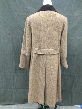 FORSTMANN, Tan Brown, Brown, Gray, Chocolate Brown, Wool, Grid , Tweed, Double Breasted, Chocolate Velvet Clover Collar, Notched Lapel, 2 Pockets, Long Sleeves, Back Belt Attached, Center Back Vent