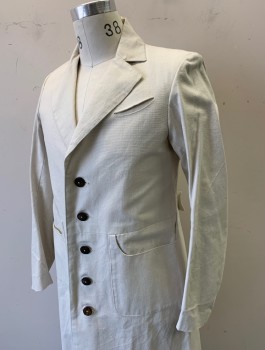 N/L MTO, Ecru, Cotton, Solid, Lab Coat, Canvas, Long Sleeves, Notched Lapel, 5 Dark Brown Buttons, 3 Pockets: 1 Small Curved Chest Pocket, 2 Curved Pockets at Waist Seam, Self Belted Back, Below Knee Length, Made To Order Reproduction