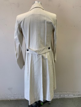 N/L MTO, Ecru, Cotton, Solid, Lab Coat, Canvas, Long Sleeves, Notched Lapel, 5 Dark Brown Buttons, 3 Pockets: 1 Small Curved Chest Pocket, 2 Curved Pockets at Waist Seam, Self Belted Back, Below Knee Length, Made To Order Reproduction