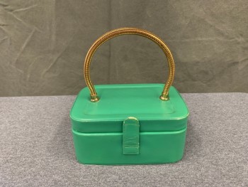 WALDMAN, Green, Leather, Solid, Leather Wrapped Box, Snap Front, Gold Coil Handle, Mirror Inside, *Back Panel No Longer Attached to Back When Opened Up,
