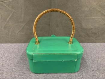WALDMAN, Green, Leather, Solid, Leather Wrapped Box, Snap Front, Gold Coil Handle, Mirror Inside, *Back Panel No Longer Attached to Back When Opened Up,