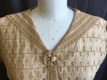 MTO, Lt Brown, Beige, Linen, Cotton, S/S, Geometric Eyelet Lace, Little Collar That Ends at Shoulder Seams with Button & Ribbon CF, Pullover,