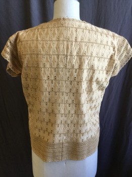 MTO, Lt Brown, Beige, Linen, Cotton, S/S, Geometric Eyelet Lace, Little Collar That Ends at Shoulder Seams with Button & Ribbon CF, Pullover,