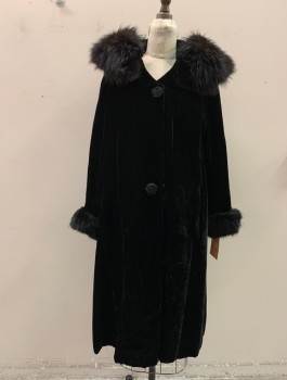 NL, Black, Silk, Fur, Solid, Silk Rayon Velvet, Large Collar with Black Fur Trim, Two Large Snap Buttons, Fur Lined Cuffs, 2 Pockets