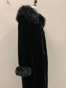 NL, Black, Silk, Fur, Solid, Silk Rayon Velvet, Large Collar with Black Fur Trim, Two Large Snap Buttons, Fur Lined Cuffs, 2 Pockets