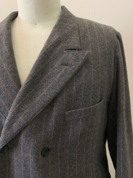 SIAM COSTUMES MTO, Dusty Brown, Black, Tan Brown, Wool, Herringbone, Stripes - Vertical , 6 Btn Double Breasted, Edge-stitched Peaked Lapel, 3 Btns On Cuffs