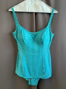 JANTZEN, Turquoise Blue, Off White, Lt Blue, Synthetic, Stripes, Scoop Neck, New Bra Cup Alteration